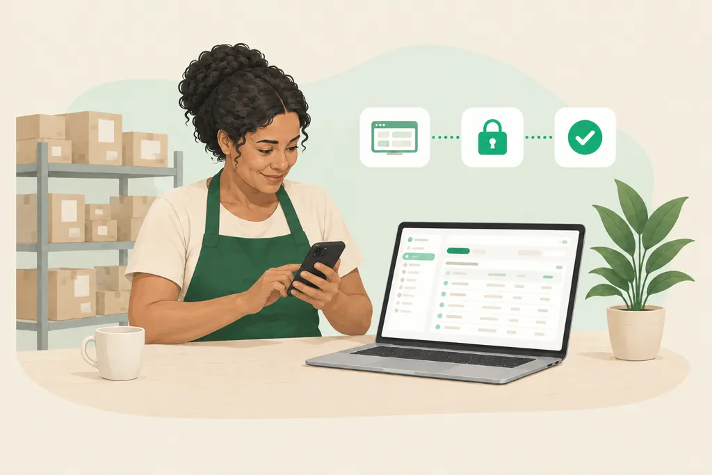 A dona de uma pequena distribuidora no balcão, com o celular na mão e o sistema aberto no notebook