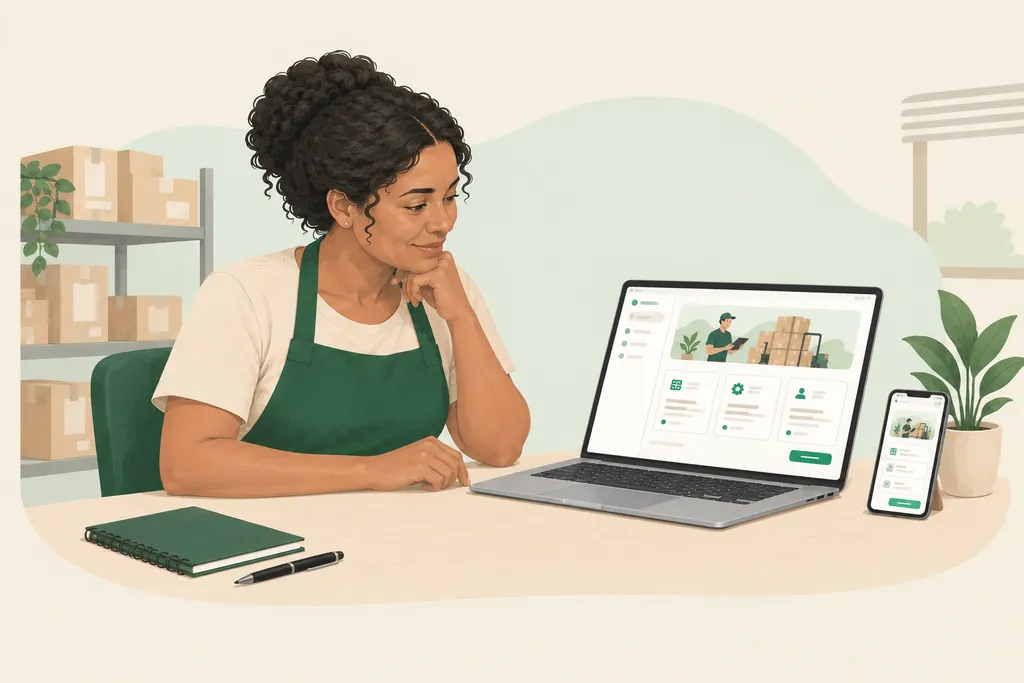 A dona de uma pequena distribuidora olhando com calma a página de um sistema no notebook