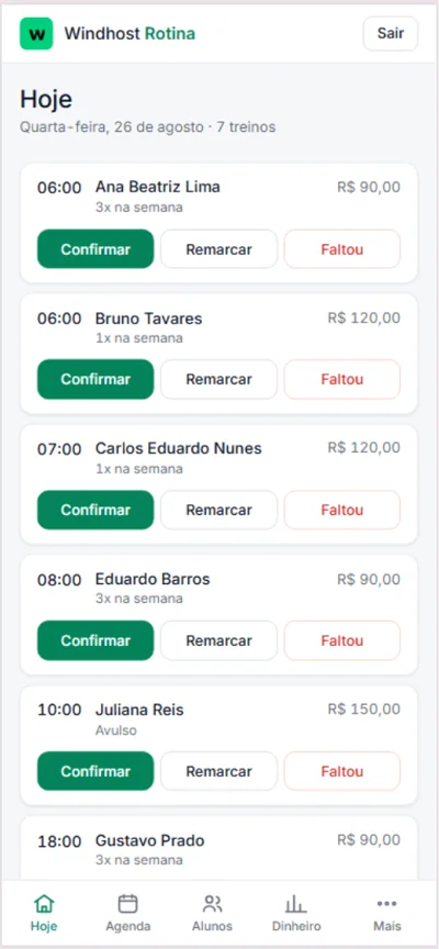 Tela Hoje do Windhost Rotina: a lista do dia, com os botões Confirmar, Remarcar e Faltou em cada pessoa