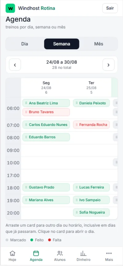 Tela Agenda do Windhost Rotina na semana: cada pessoa no seu dia e horário