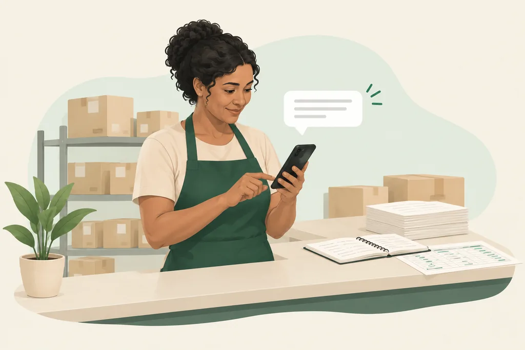 A dona da operação contando o problema pelo celular, com o caderno e a planilha ao lado
